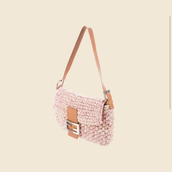 Fendi 2000’s Pink & Caramel Raffia Knit Baguette Bag - Picture 2 of 16